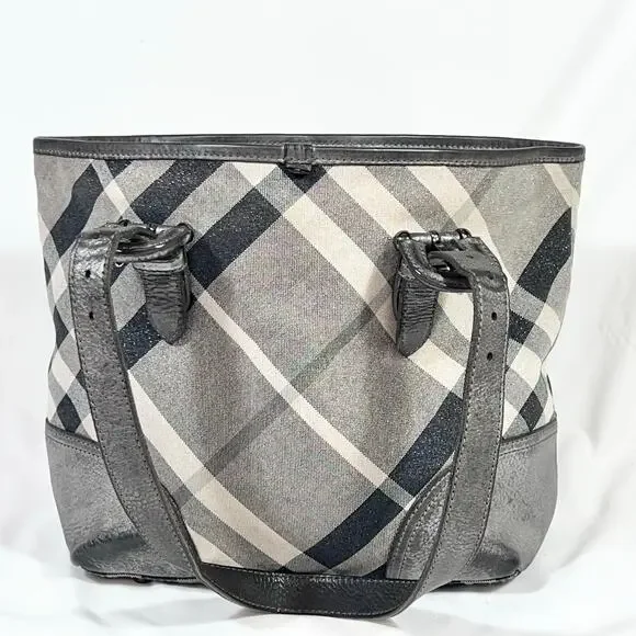 Burberry Super Nova Shimmer Check Tote Bag Canvas Leather Trim Open Top Pockets - Picture 3 of 16